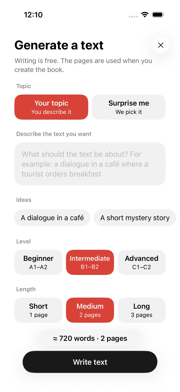 The Generate a text screen: topic, level and length