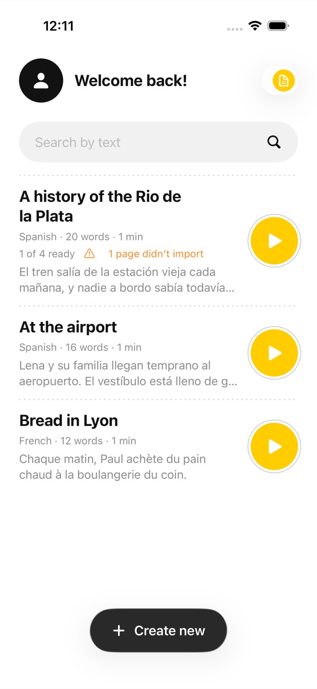 The Outloud Reader library: books with their language, length and a yellow play button