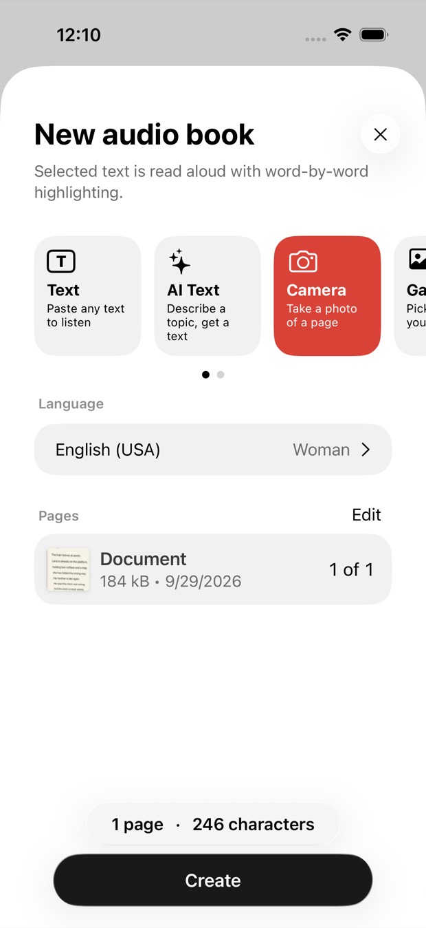 The New audio book dialog with its sources: Text, AI Text, Camera, Gallery, and the language and voice to read in