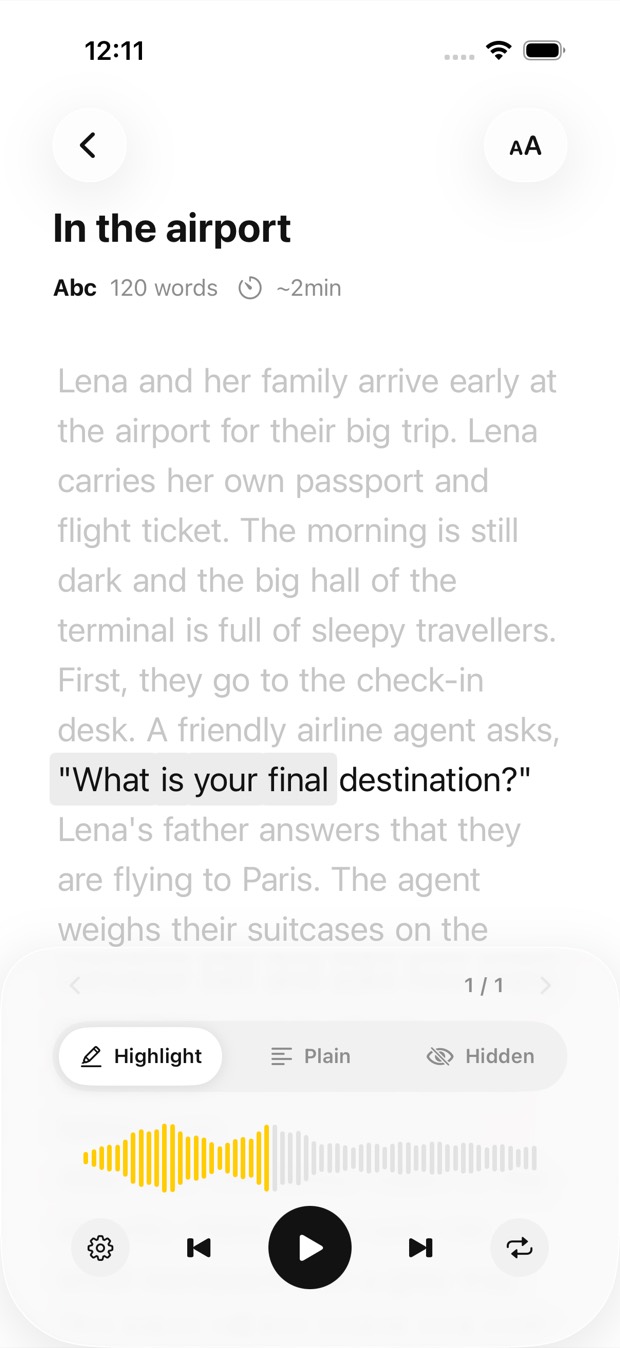 The reader: an English story for learners, In the airport, read aloud with the phrase “What is your final” highlighted and a yellow waveform below